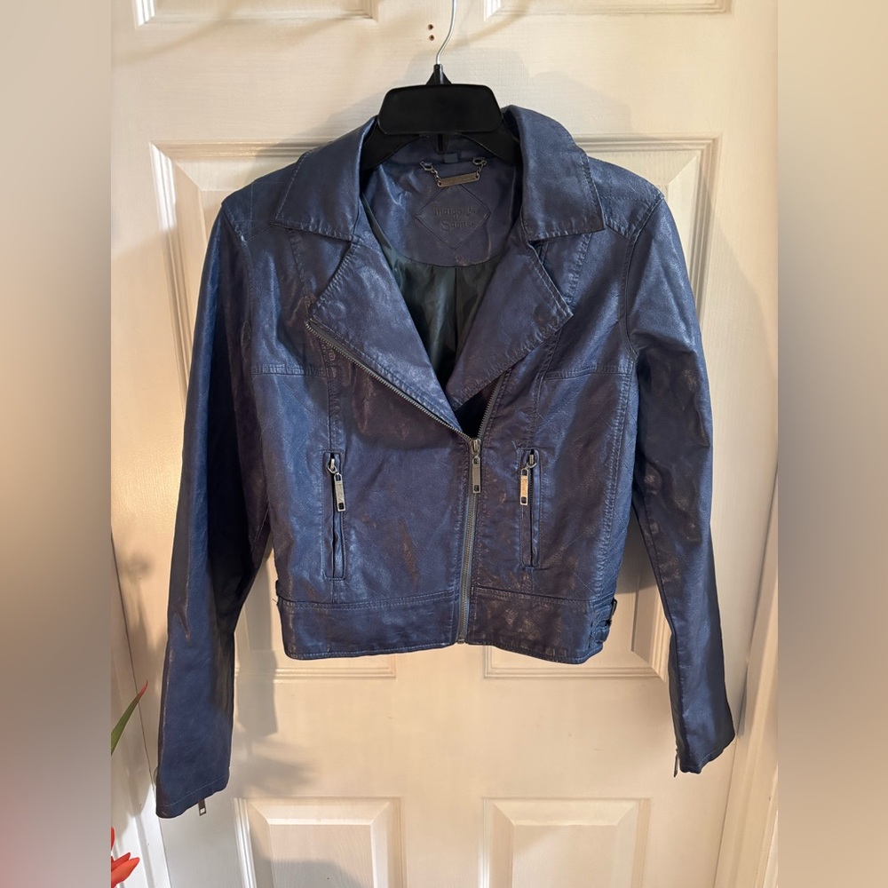 Indigo Saints Women's Navy Blue Biker Bomber Jacket with Buckles, Size M